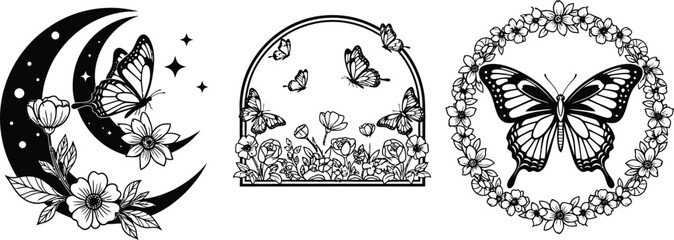 Fototapeta premium Three intricate black and white butterfly designs for tattoos or artistic prints