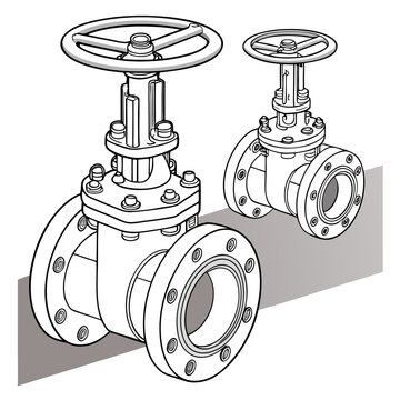 Two industrial gate valves with handwheels and flanged connections for pipeline systems shown in a clean black and white line art illustration gate valve industrial pipeline handwheel equipment