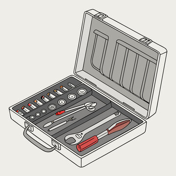 Isometric view of an open professional metal toolbox containing a comprehensive set of socket wrenches ratchets extensions for mechanical work mechanical automotive maintenance technician