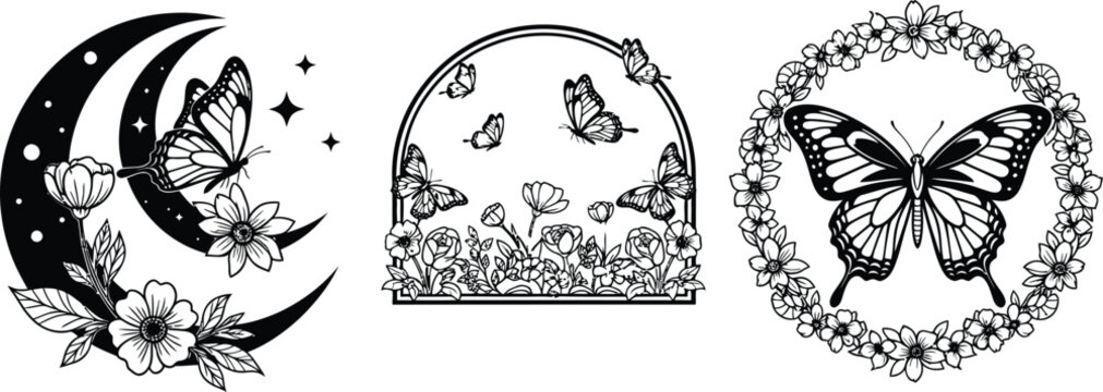 Three intricate black and white butterfly designs for tattoos or artistic prints
