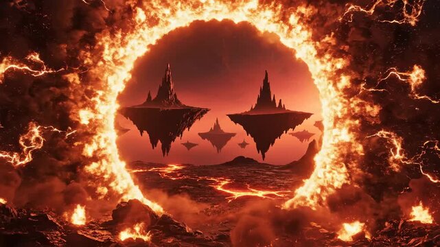 An awe-inspiring portal of intense fiery hellscape with floating landmasses and mystical castles emerges from molten rock, illuminating dramatic, otherworldly volcanic panoramas