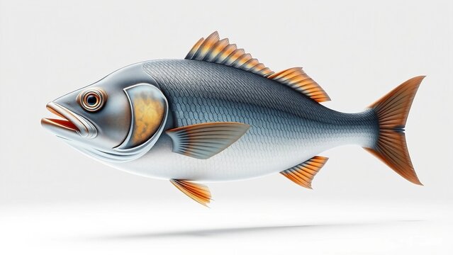 Highly detailed fish illustration isolated on a white background with silver body, orange fins and realistic scale texture.