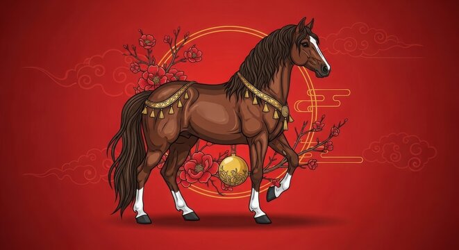 A brown horse with white socks on a red background illustration