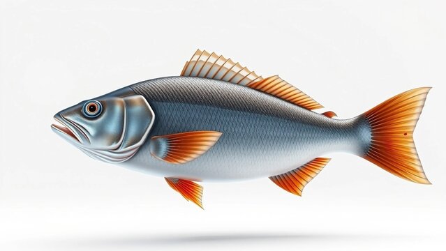 Highly detailed fish illustration isolated on a white background with silver body, orange fins and realistic scale texture.