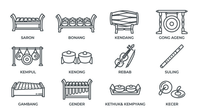 Gamelan instrument vector set including gong, bonang, saron, kendhang, gambang, rebab, and suling. Traditional Javanese music icons, clean flat design, scalable SVG, isolated.