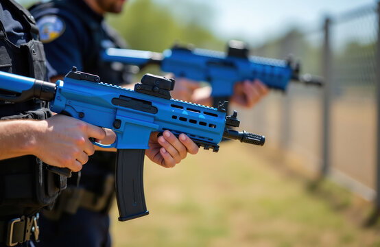Officers practice tactics with bright blue training firearms. Cops hold replica assault rifles during outdoor shooting drill. Security forces train aim, safety drills, weapons handling.