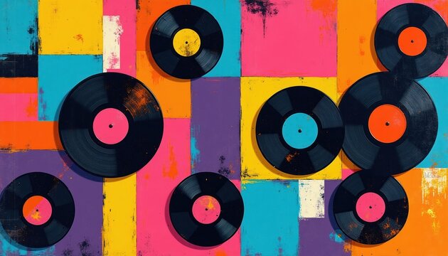 Collage of vinyl records on abstract colorful background. Vintage music art with retro LPs, patterns and textures. Energetic visual for music lover and graphic design.