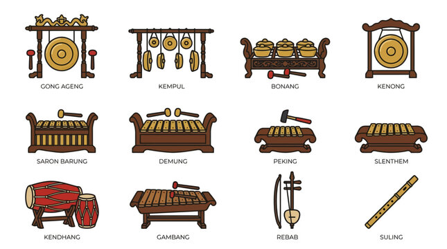 Gamelan instrument vector set including gong, bonang, saron, kendhang, gambang, rebab, and suling. Traditional Javanese music icons, clean flat design, scalable SVG, isolated.