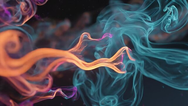Iridescent smoke ribbons curl and intertwine on a dark background, glowing in electric blue, magenta and warm orange; fluid, ethereal motion suggests energy, depth and abstract grace. Peace