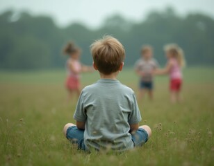 Naklejka premium Boy sits alone in grassy field observing other kids play. He watches children engage in group fun from a distance. Solitude contrast with social activity, highlighting inner world.