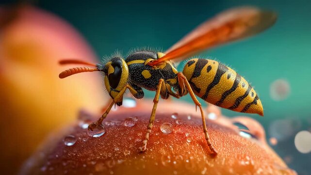 Close up of a yellow jacket wasp sitting on a ripe peach with water drops.