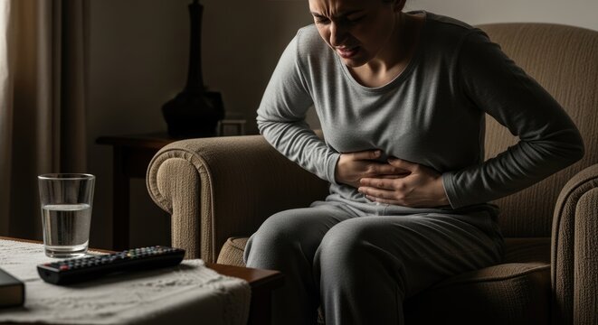 A young woman experiencing acute abdominal pain, clutching her stomach, suffering from internal digestive discomfort, feeling unwell due to an intestinal ailment, at home