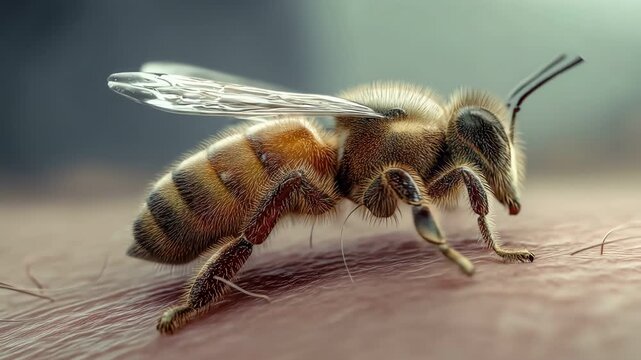 Macro of a honey bee crawling on human skin under bright daylight.