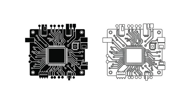 Circuit board illustration detailed technical drawing of electronic components and connections