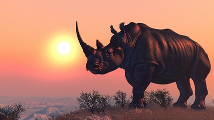 Fototapeta premium A majestic rhinoceros silhouetted against a vibrant sunset sky on the African savanna