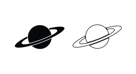 Saturn planet icon set black and white representation of the ringed planet © Pvect02