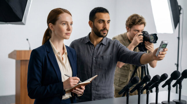 Female journalist taking notes while male photographer captures images  