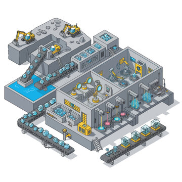 Isometric Factory Processing Spheres with Conveyor Belts and Machinery.