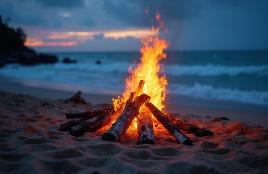 Beach campfire burns on sand near ocean waves at dusk. Logs ignite with bright orange flames under cloudy twilight sky. Peaceful coastal scene for outdoor relaxation and warmth.