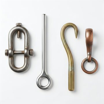 Set of metal lifting hooks and rigging hardware parts for construction