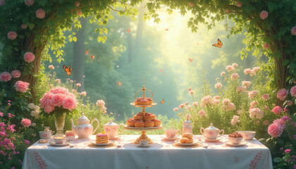 Obraz premium Garden tea party setting with pink roses blooming. Butterflies flutter around a table laden with pastries, tea sets, and sweets in soft sunlight. Whimsical forest backdrop with green foliage.