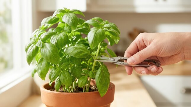 Hand Harvesting Fresh Green Basil Leaves from Potted Herb Plant in Kitchen.