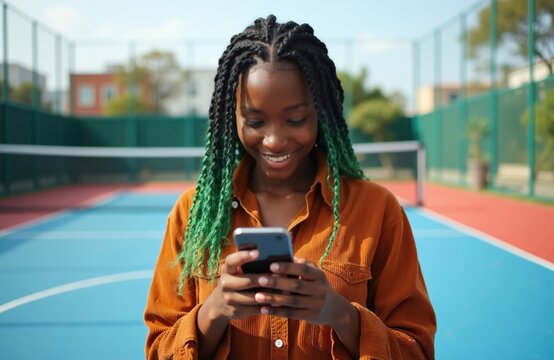 Young woman with braided hair smiles while using phone on tennis court. Casual style girl texting outdoor. She enjoys connection with people online.
