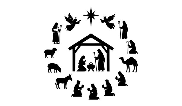 Modern nativity silhouette icons in circular layout with holy family wise men and christmas symbols vector