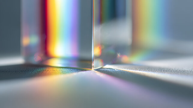 Prismatic light refracting through glass prism edge creating soft rainbow reflections and abstract colorful bokeh on textured surface, gentle mood and minimalist composition