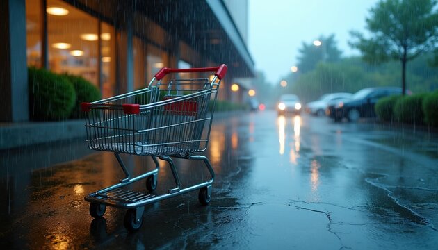 Shopping cart sits on wet pavement outside store. Rain falls heavily on empty parking lot with cars. Wet surface reflects streetlights and building lights.
