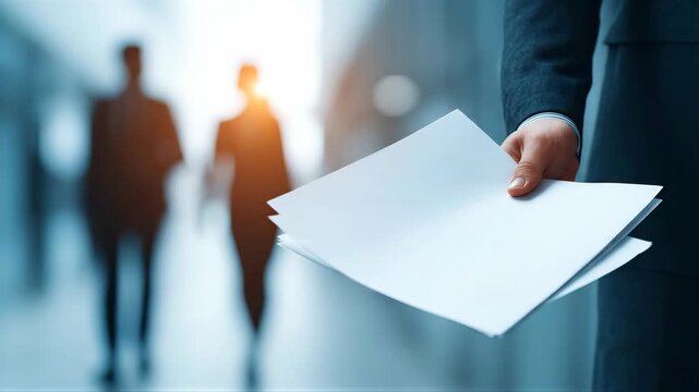 Man in suit holding white document in office hallway. Business professional passing folder to colleague. Corporate paperwork and deal exchange at workplace.