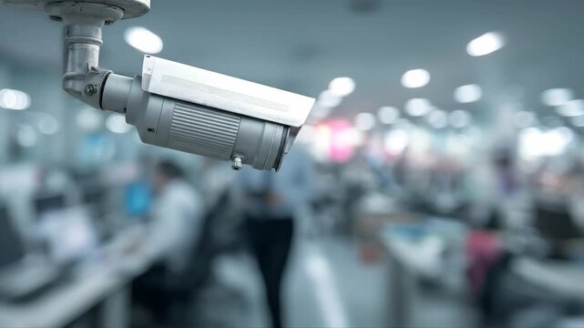 Security camera installed in modern office. Surveillance system monitoring employees working at desks. Privacy and corporate safety concept in workplace environment.