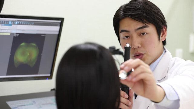 ペンライトで目の状態を診察する眼科医と女性患者の診療シーン(モニターはテスト画面のはめ込み)