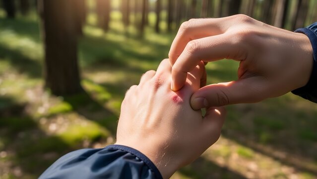 Close-up of a person's hand examining a red, irritated skin spot, possibly an insect bite or rash, while outdoors in a sunny forest setting