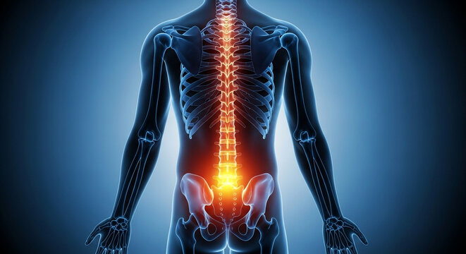 3d human skeleton with glowing lower back pain highlighted in dark blue background