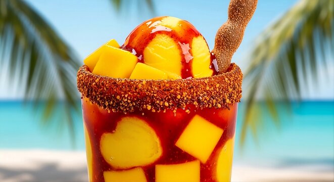 Mangonada mexican fruit drink with mango sorbet chamoy sauce chili powder tajin rim and tamarind candy on beach background.