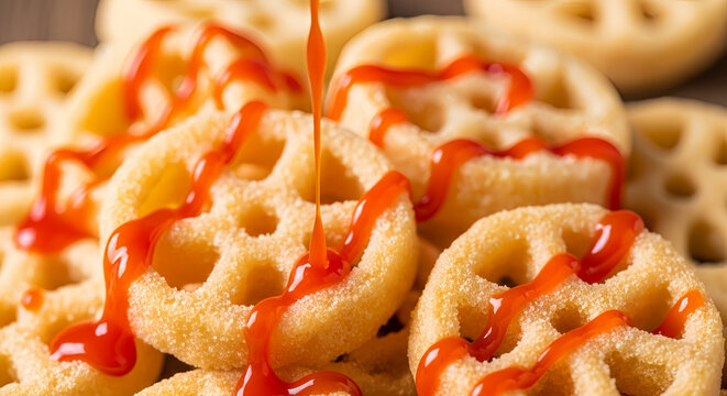 Mexican wheel snacks duros de harina being drizzled with spicy red hot sauce close up of crispy wheat chicharrones food.