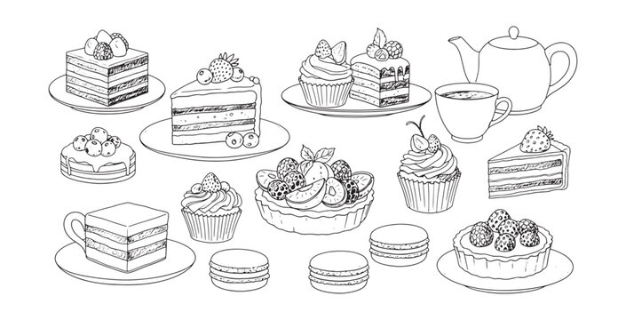 Set of hand drawn sketch cakes cupcakes macarons and tea set for dessert menu design