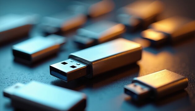 Multiple metallic USB flash drives arranged on dark surface. Portable storage devices store digital information, computer data. Small electronic hardware gadgets for transferring files.