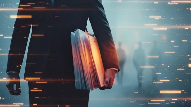 Man in suit holding document folder in office hallway. Corporate worker walking through blur of colleagues. Business data and professional organization concept.