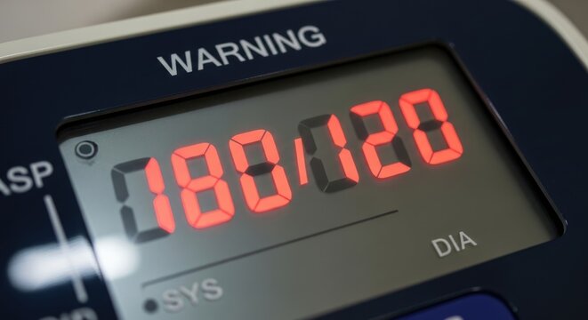 Digital display showing systolic and diastolic blood pressure, measuring circulatory tension, arterial vascular health, hypertension risk, medical condition monitoring