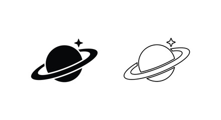 Two hand drawn saturn illustrations black and white cosmic designs © Pvect02