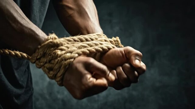 African american man with wrists bound by thick rope. Concept of corporate corruption, injustice, power dynamics and struggle against restriction in business world.