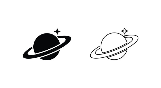 Two hand drawn saturn illustrations black and white cosmic designs