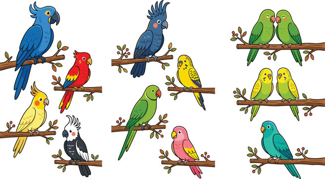 Cute Cartoon Parrots and Parakeets on Branch Set &mdash; Colorful Tropical Bird Couple Clipart Collection