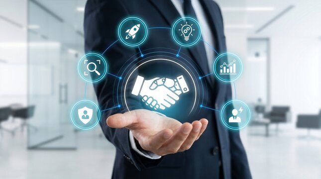 Human AI collaboration and copilot assistant concept. Synergy between human intelligence and machine learning. Businessman holding AI hologram.