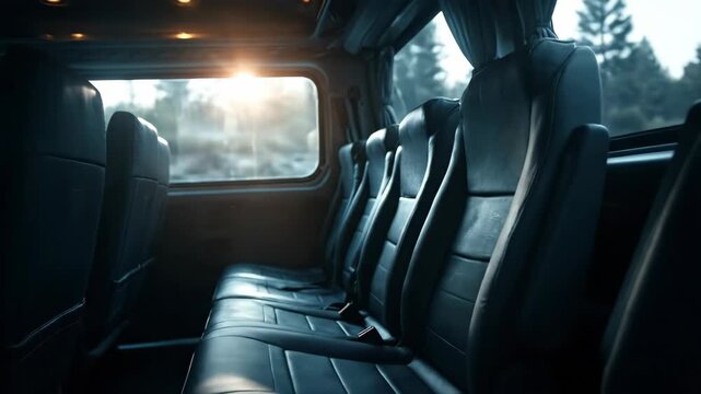 Empty luxury minibus interior at sunset. Traveling in van with black leather seat and dimmed light. Business trip car comfort and private transport concept.