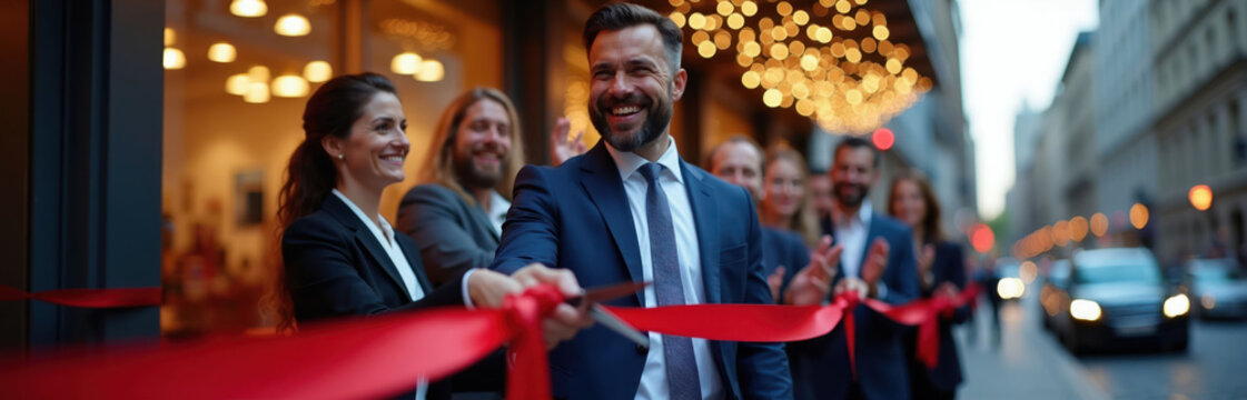 Business people cut red ribbon at opening ceremony on city street. Man in suit smiles, uses scissors. Colleagues clap hands behind him. Team celebrates new venture, successful start.
