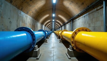Fototapeta premium Vast underground tunnel network with rows of blue and yellow pipes carrying fluids. Industrial infrastructure system runs deep below ground, providing vital energy resources.