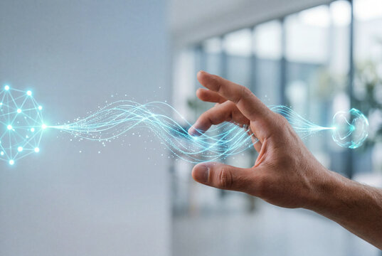 Businessman hand interacting with digital data wave, futuristic technology concept, virtual network flow, communication and data transfer system